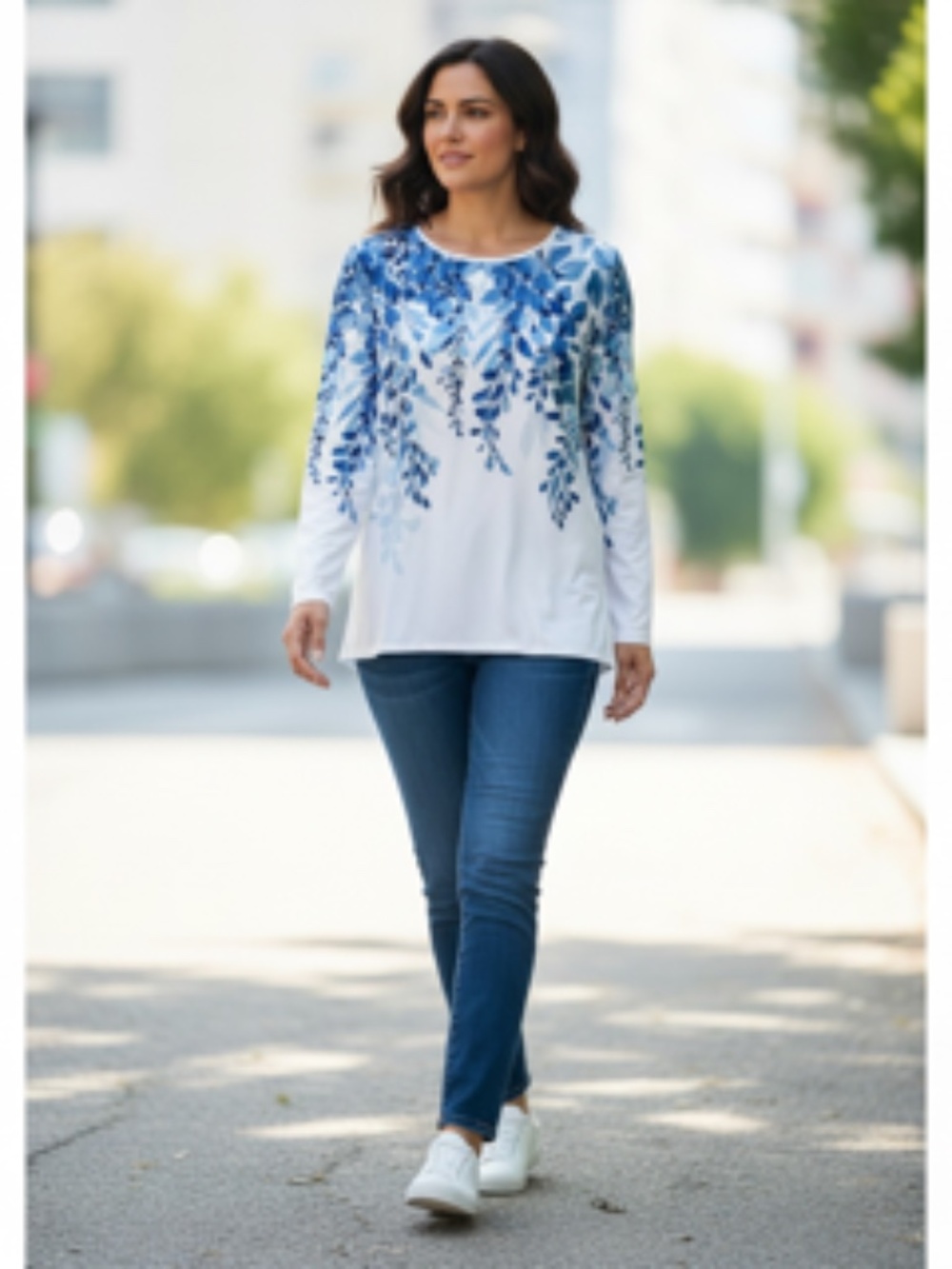 Long Sleeve Crew Neck Floral Vine Print Relaxed Fit Side Split Tunic Size M